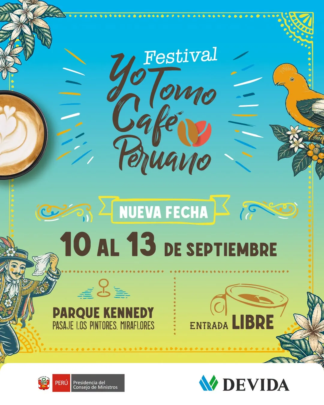 Afiche oficial del Festival Yo Tomo Café Peruano 2026: nueva fecha, 10 al 13 de septiembre, Parque Kennedy, entrada libre