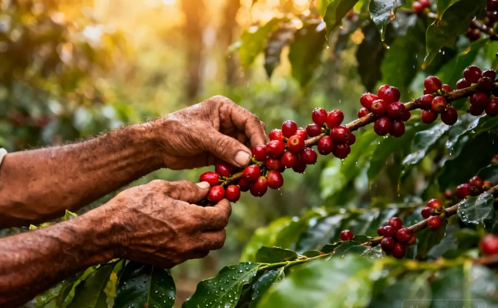 Manos recolectando cerezas de café maduras de una rama